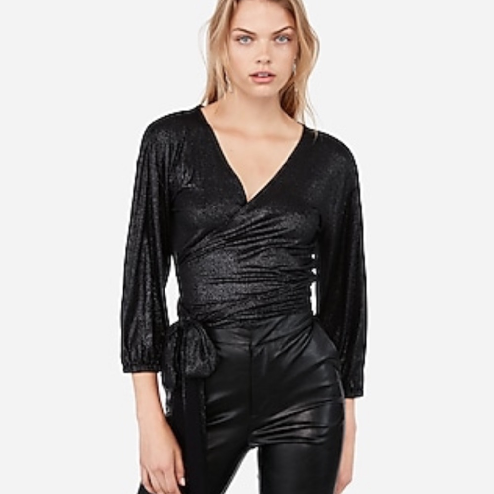 Express x Negin Mirsalehi black metallic wrap top - Picture 2 of 9